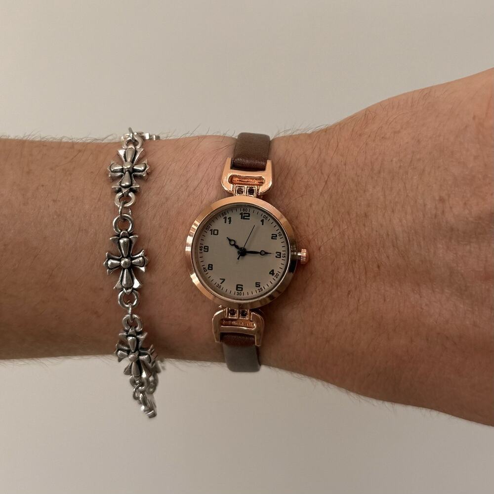 Y2K Rose Gold Quartz Watch with Taupe Leather Strap Unisex 8.5" New